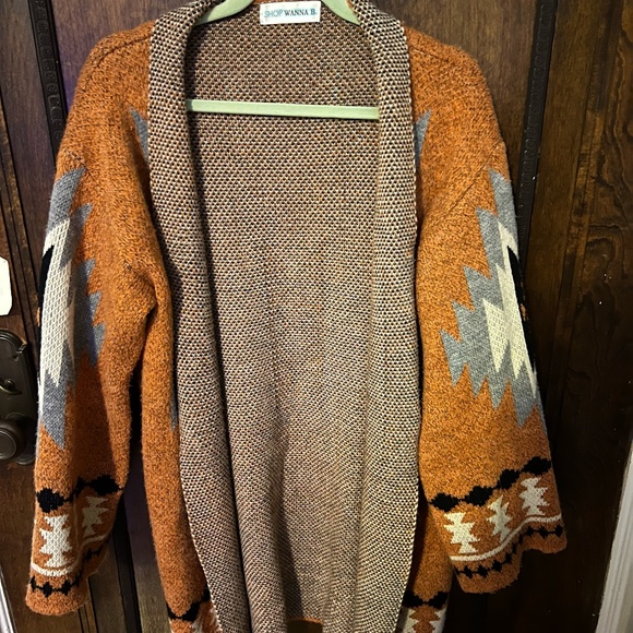 Orange & Gray Aztec Print Open Front Long Cardigan - Picture 3 of 6